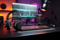 Immersive setup 3D render, close up microphone with gaming computer