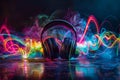 Immersive sound waves from headphones creating colourful atmosphere - canon 5d mark iv dslr