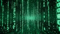Immersive tunnel view of bright green digital binary code streams flowing downward suggesting abstract data processing and Royalty Free Stock Photo