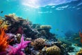 An immersive underwater view showcasing a breathtakingly colorful coral reef teeming with life, Vibrant underwater scene with