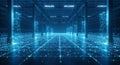 Futuristic blue digital data center hallway with glowing server racks and technological light pathways Royalty Free Stock Photo