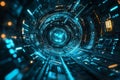 Abstract Futuristic Sci-Fi Tunnel with Blue and Orange Glowing Lights, Digital Network and Data Flow Visualization Royalty Free Stock Photo
