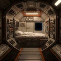 An immersive view inside a compact, functional spacecraft cabin featuring a bed and a window revealing outer space. Generative AI Royalty Free Stock Photo