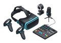 Immersive virtual reality gaming setup with vr headset controllers webcam and mixer Royalty Free Stock Photo