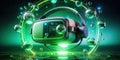 Immersive virtual reality headset experience futuristic design with glowing green orb surround. Generative AI Royalty Free Stock Photo