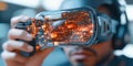 Immersive virtual reality headset revealing intricate circuits and holograms