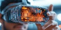 Immersive virtual reality headset showcasing intricate circuits and holograms