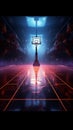 Immersive virtual sport 3D render of a neon lit basketball fields side view