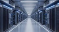 Modern data center racks stretch down a cool hallway Royalty Free Stock Photo