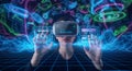 Immersive VR experience exploring futuristic digital landscapes with interactive virtual interfaces Royalty Free Stock Photo