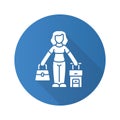 Immigrant woman blue flat design long shadow glyph icon. Traveler, holidaymaker, passenger with handbag and suitcase