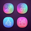 Immigrants app icons set. Economic migrant, family sponsorship immigration. Job for immigrants. Travelling abroad. UI UX