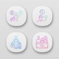 Immigrants app icons set. Economic migrant, family sponsorship immigration. Job for immigrants. Travelling abroad. UI/UX