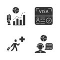 Immigration glyph icons set. Migration rate, visa. Humanitarian immigrant, travel consultant. Trip advisor. Tourist Royalty Free Stock Photo