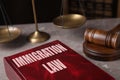 Immigration law book and gavel on marble table, closeup