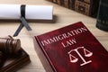 Immigration law book and gavel on table