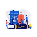 Immigration law concept with character. Law book with passport, visa, suitcases, scales of justice, judge gavel. Modern flat style Royalty Free Stock Photo