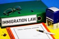 Immigration law-the inscription of the text on the folder, regulates the movement of a person and their change of residence, is Royalty Free Stock Photo