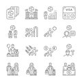 Immigration linear icons set. Travel abroad. Trip planning, vacation organization. Refugee help. Migrant protection