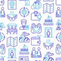 Immigration seamless pattern with thin line icons: immigrants, illegals, baggage examination, passport, international flights,