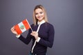 Immigration and the study of foreign languages, concept. A young smiling woman with a Peru flag in her hand