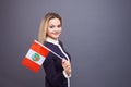 Immigration and the study of foreign languages, concept. A young smiling woman with a Peru flag in her hand