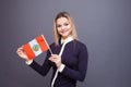 Immigration and the study of foreign languages, concept. A young smiling woman with a Peru flag in her hand