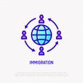 Immigration thin line icon: people moving around globe. Modern vector illustration