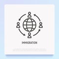 Immigration thin line icon: people moving around globe. Modern vector illustration