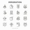 Immigration thin line icons set: immigrants, illegals, baggage examination, passport, international flights, customs, inspection,