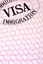 Immigration visa document passport page close up, copy space