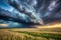Imminent storm approaching a golden field under a dramatic sky. Generative AI Royalty Free Stock Photo