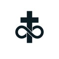 Immortal God conceptual symbol combined with infinity loop sign and Christian Cross.