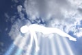 Immortal soul of the deceased ascends to heaven, disembodied ghost of a person, white silhouette in heavenly light, postmortal Royalty Free Stock Photo