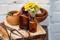 immortelle ,Curry Plant, Herb of St. John, Immortelle and botanically, Helichrysum arenarium. near empty glass apothecary bottles