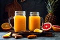 Immune boosting, anti inflammatory smoothie with orange, pineapple, turmeric. Detox morning juice drink