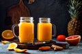 Immune boosting, anti inflammatory smoothie with orange, pineapple, turmeric. Detox morning juice drink Royalty Free Stock Photo