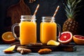 Immune boosting, anti inflammatory smoothie with orange, pineapple, turmeric. Detox morning juice drink