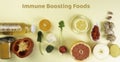 Immune boosting health food selection over yellow background Royalty Free Stock Photo