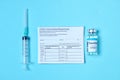 Immune passport or certificate for travel concept. 2019-ncov Covid-19 Corona Virus drug vaccine vial medicine bottles syringe