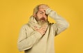 Immune response Bearded man sick. Warm scarf around neck. More than just symptom of illness. Hipster fever. Cold flu Royalty Free Stock Photo