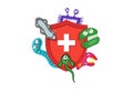 Immune system concept. Hygienic medical red shield protecting from virus germs and bacteria. Flat vector illustration on