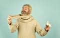 immune system help during epidemic. healthcare in winter. best cold remedy. helpful nasal spray. man use nasal drops Royalty Free Stock Photo