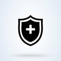 Immune system and medical shield sign icon or logo line. Medical health protection shield cross concept. Protected steel guard