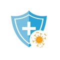 Immune system vector icon logo. Virus protection. Medical prevention of human germs. Blue shield with a white cross and a virus in