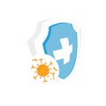 Immune system vector icon logo. Virus protection. Medical prevention of human germs. Blue shield with a white cross and a virus in