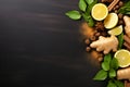 Immunity background with lemon, ginger, cinnamon, anise and mint, copy space. Healthy products for Immunity boosting and cold