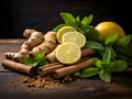 Immunity background with lemon, ginger, cinnamon, anise and mint, wooden table. Healthy products for Immunity boosting and cold