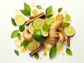 Immunity background with lime, ginger, cinnamon and mint, close up. Healthy products for Immunity boosting and cold remedies, top