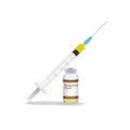 Immunization, Meningococcal Vaccine Syringe With Yellow Vaccine, Vial Of Medicine Isolated On A White Background. Vector Royalty Free Stock Photo